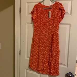 NWT Mikarose fake silk dress coral bird print size large with zipper in the back
